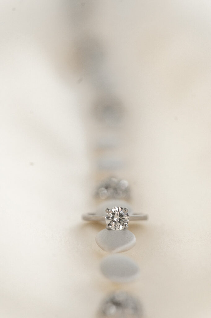 Close up shot of solitaire diamond ring on white background