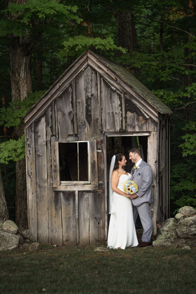 A romantic and rustic scene with a bride and groom embracing beside an old wooden hut in a forest clearing, evoking a sense of timeless love.
